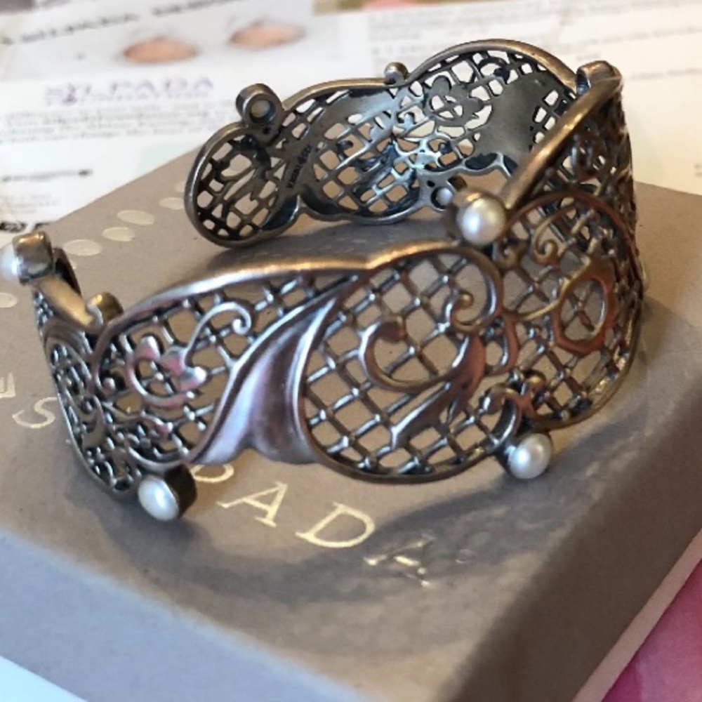 Rare Silpada Incentive Filigree Sterling Silver Freshwater Pearl Cuff Bracelet